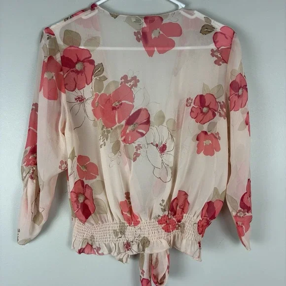 Banana Republic Silk Floral Top Tie Front Blouse Women's S Pink Boho Festival - Picture 5 of 8